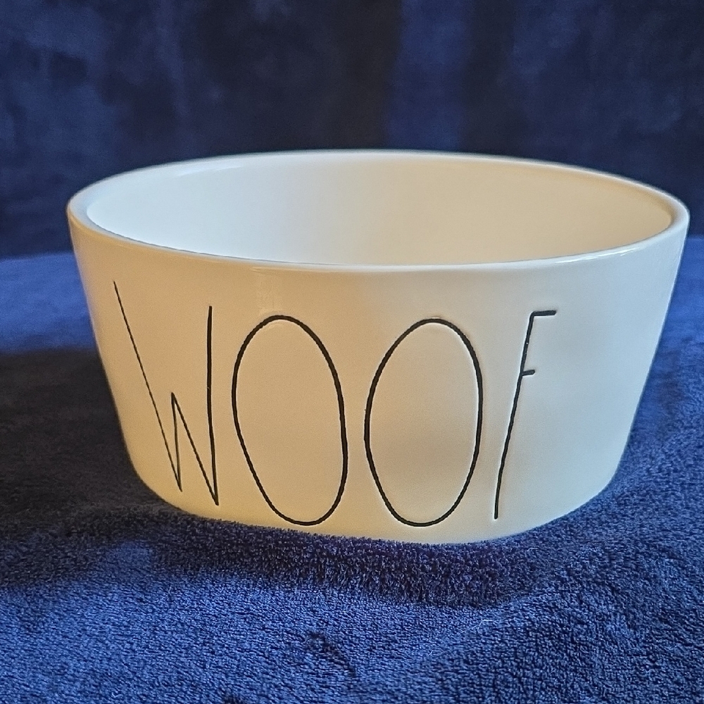 Rae Dunn Artisan Collection Ceramic WOOF Dog Bowl. 8" Diameter.